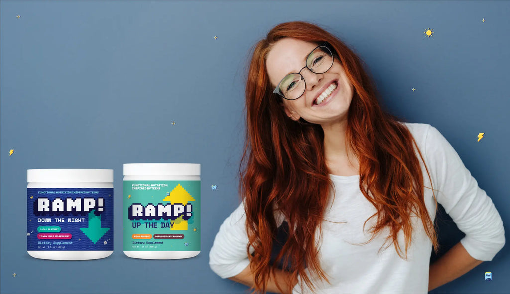 Smiling girl on a blue background with ramp up and ramp down products